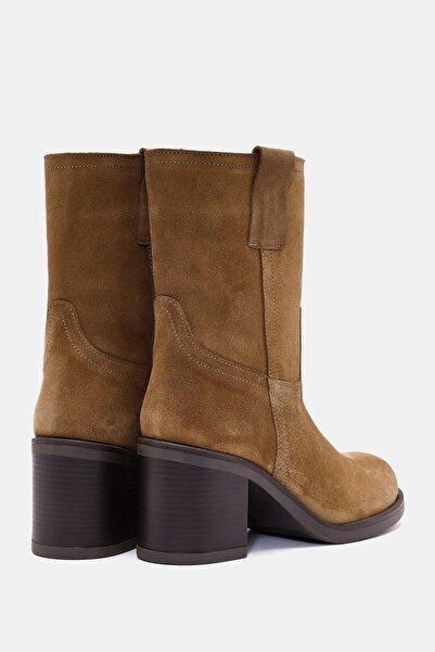 Bestyle Zenda Kadın Camel Gerçek Süet Deri Kalın Topuklu Bot