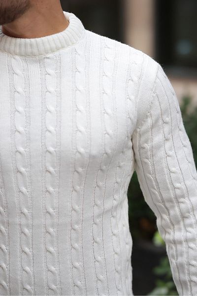Valiberta Men's Knitwear Sweater - Hair Braided, Crew Neck, Ecru