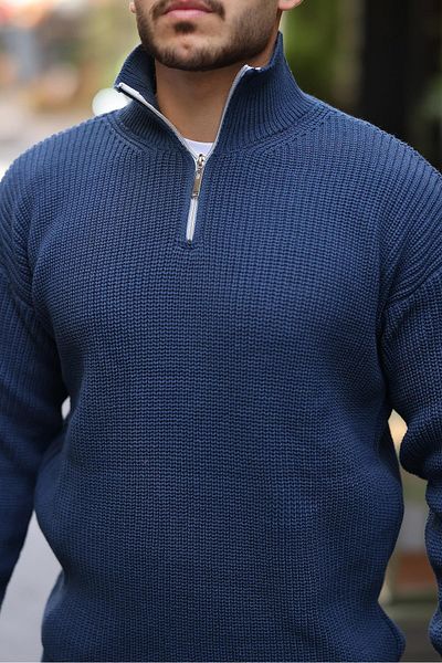 Valiberta Oversize Thessaloniki Knitted Half Zipper Men's Knitwear Sweater - Indigo