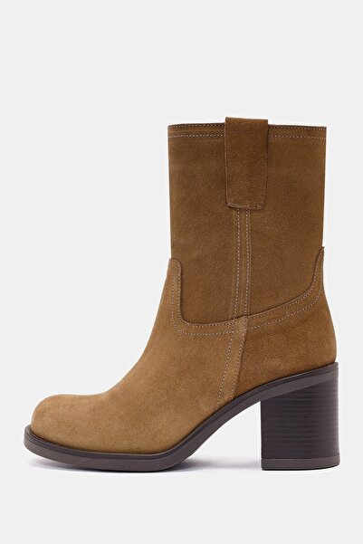 Bestyle Zenda Kadın Camel Gerçek Süet Deri Kalın Topuklu Bot