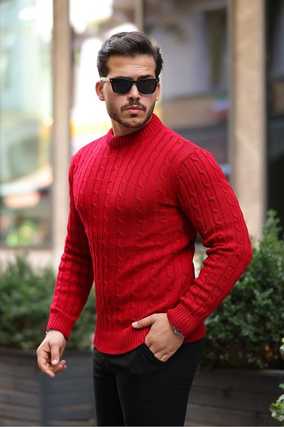 Valiberta Hair Braided Crew Neck Men's Knitwear Sweater - Red