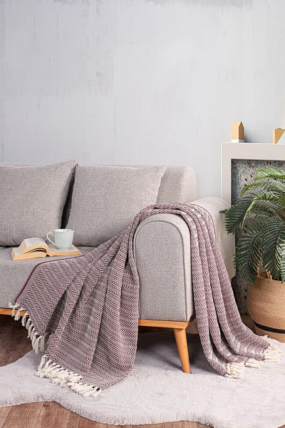Evim Cotton Alder Ecru Claret Red Sofa Shawl - 130X170 cm