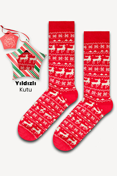 Neşeli Çoraplar Noel Kırmızı Geyik Yıldızlı Kutu Renkli Çorap