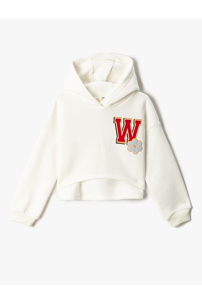 Koton Crop Hooded Sweatshirt Back Printed Raised Long Sleeve