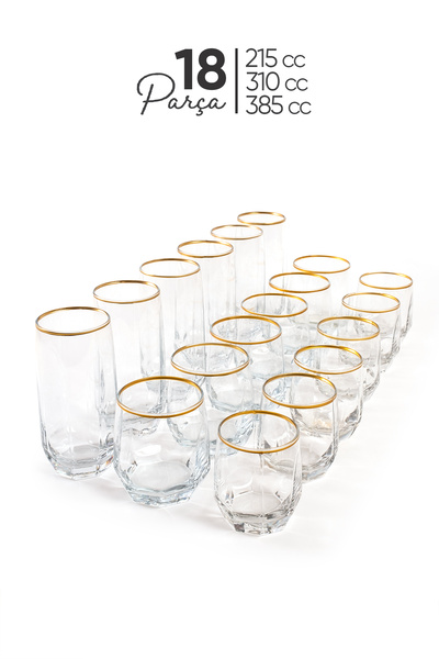 MEST Gold Yaldızlı 18 Parça  Cam Su Bardağı Seti Bardak Takımı| 215, 310, 385 cc
