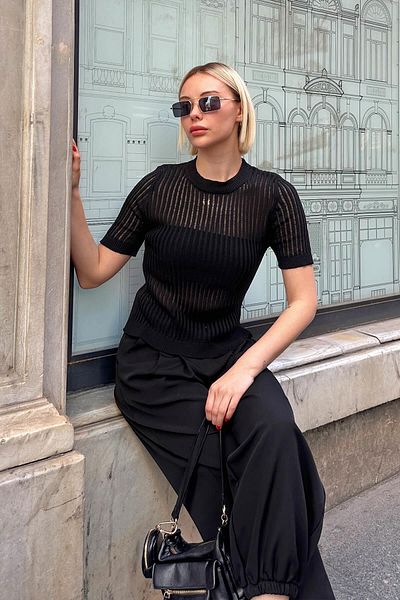 Swist Ribbed Transparent Black Knitted Women's Knitwear Blouse - Short Sleeve