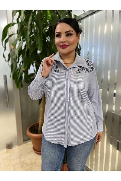 mardi exclusive Plus Size Striped Indigo Cotton Shirt - Women's