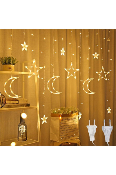Coverzone 3 metre Led Işıklı 12'li Ay Yıldız Işık Zinciri Dekoratif Fişli Ayd...