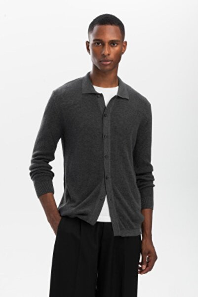 hateko Βαμβακερό-μπαμπού ανθρακί πουκάμισο με γιακά πλεκτό ζακέτα