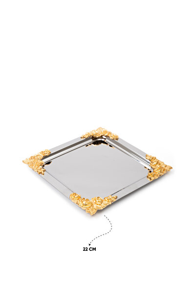 Skygo 6 Pieces Silver Coffee and Tea Presentation Tray - Gold Rose Motif Stylish Design, 22.5 cm