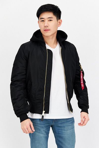 Alpha Industries Erkek Düz Kapşonlu Bomber Ceket، Siyah