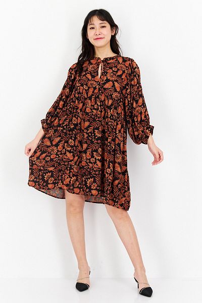 ELAN Women Floral Print Mini Dress, Black