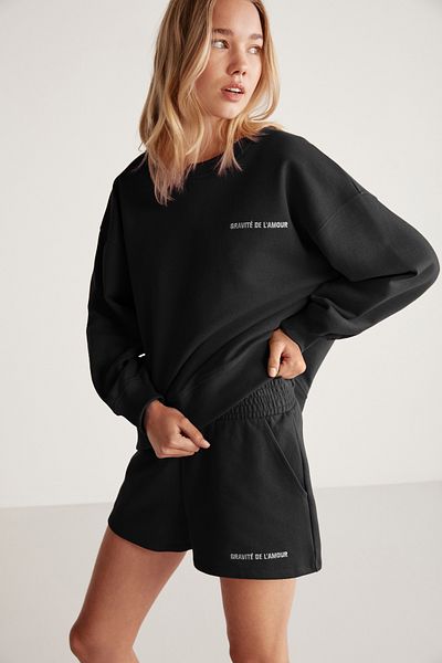 GRIMELANGE CARROL Damen-Shorts mit Stickerei, bestickt, elastische Taille, 3 Fäden, Bio-Baumwolle, entspannt, schwarz
