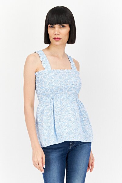 Aqua Women Square Neck Sleeveless Allover Print Top, Light Blue