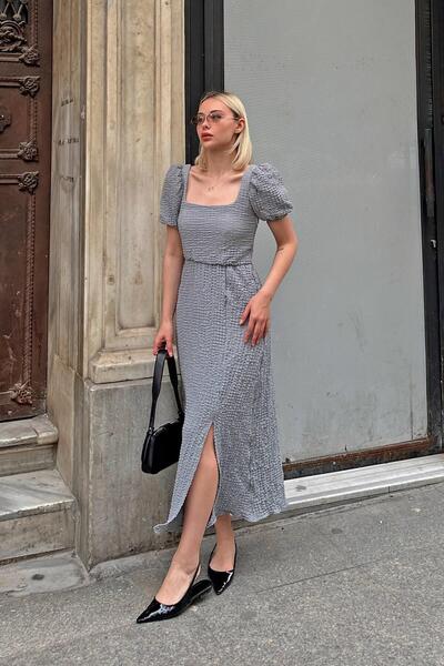 Swist Gri Sırt Çapraz Bağlamalı Karpuz Kol Yırtmaçlı Kadın Midi Elbise