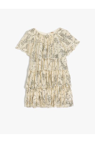 Koton Sequin Sequined Floor Detail Round Neck Short Sleeve Dress