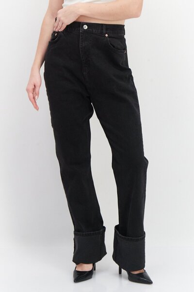 Asos Design Kadın Uzun Kesim Yıkanmış Esnek Olmayan Kot Pantolon, Siyah