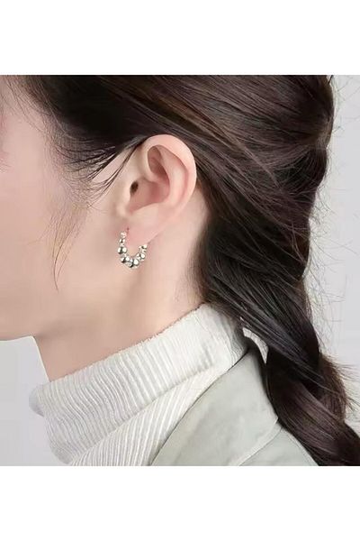 YASİN TOPÇU Steel Silver Silver Color Beaded Hoop Earrings