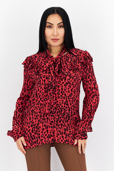 Replay Women Tie Neck Long Sleeve Animal Print Blouse, Red