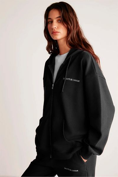 GRIMELANGE AMETIS Damen-Sweatshirt mit Fleece-Innenseite, Stickerei, Textdetails, Bio-Baumwolle, übergroß, mit Kapuze, Schwarz