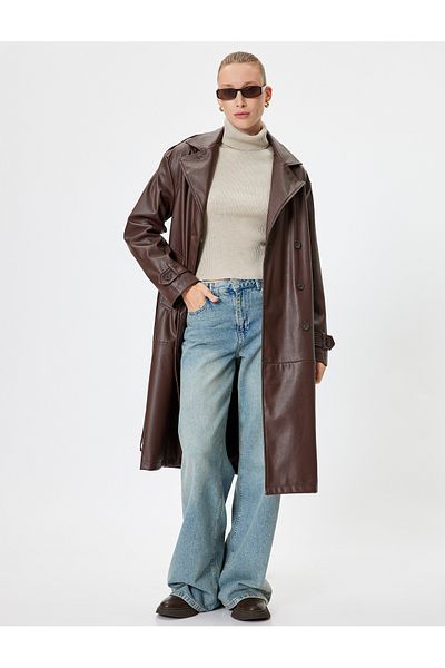 Koton Double Breasted Long Faux Leather Trench Coat with Pockets