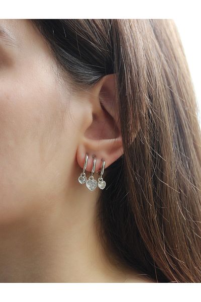 nevamor Steel Triple Look Silver Heart Model Dangle Earrings