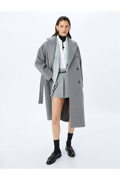 Koton Double Breasted Extra Long Stamp Coat with Pockets and Belt Detail