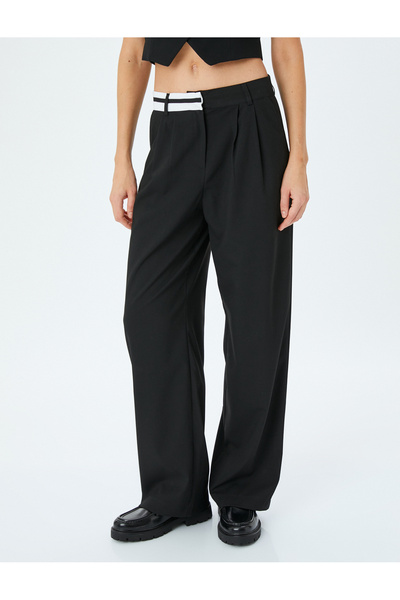 Koton Cepli Kontrast Bel Detaylı Düz Bol Paça Kumaş Pantolon