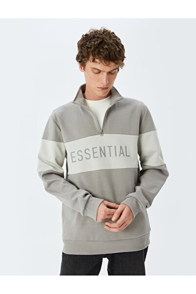 Koton Barevná bavlněná mikina s polovičním zipem s potiskem