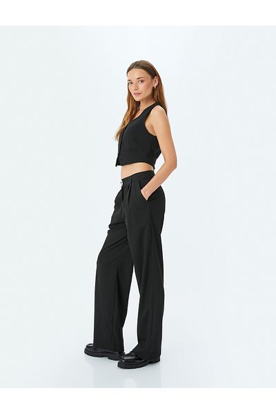 Koton Straight Wide Leg Fabric Trousers with Pockets and Contrast Waist Detail