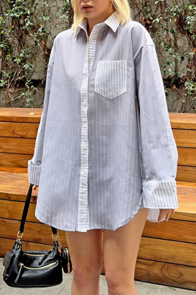 Swist Γκρι λευκό γαρνιρισμένο ριγέ Oversize A Pleat γυναικείο πουκάμισο