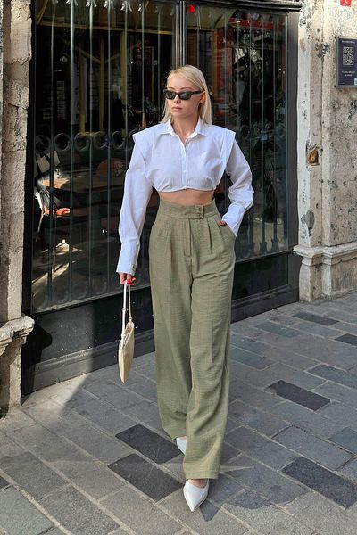 Swist Palazzo-Hose aus Leinen für Damen – doppelt geknöpft und mit Bügelfalten