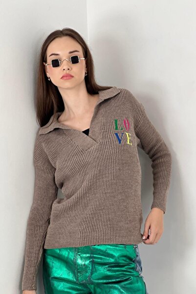 Miss Poem Women's Winter V-Neck Love Embroidered Mink Knitwear Sweater