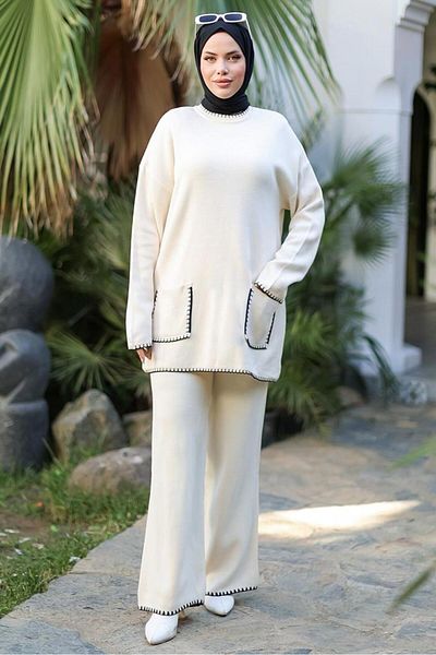 KAREN TEKSTİL Women'S, Pocketed, Shepherd's Stitching Detail, Knitwear Set