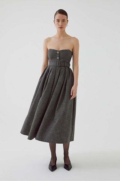 Exquise Anthracite Strapless Belted Pleated Midi Dress