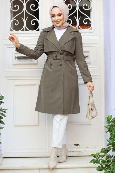 Neva Style Καμπαρντίνα με ζώνη Dark Khaki Hijab 61171KHK