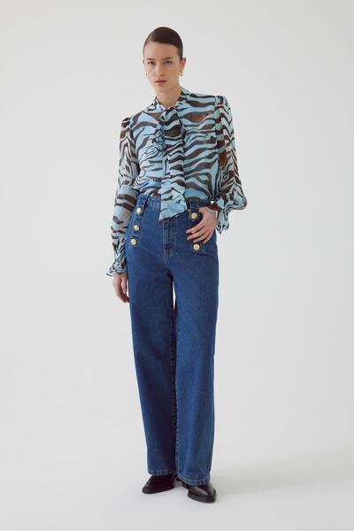 Exquise Fular Yaka Zebra Desen Balon Kol Regular Bluz