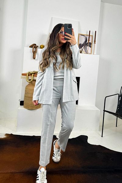 Sohotique By P Grey-White Woven Jacket Trousers Set