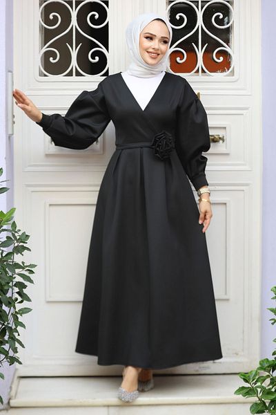 Neva Style Rochie Hijab Neagră - Cu centură, Model Nr: 61471S
