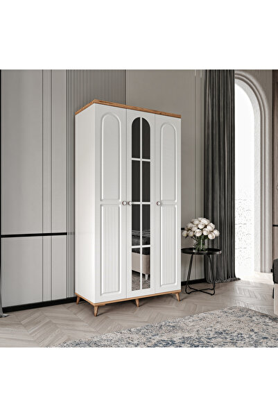 GuneyStore Ücretsiz Montaj Bohem 3 Kapaklı Aynalı Komple MDF Gardırop - Elbise Dolabı