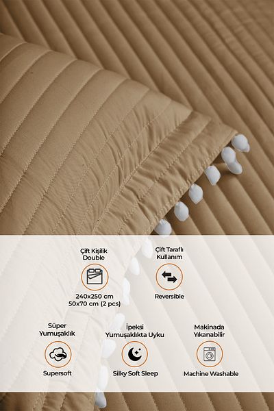 Evlen Home Collection Кувертюра за легло с помпон за двоен сън - 100% памук, комплект цвят кафе