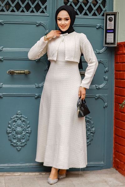 Neva Style Beige Tweed Hijab Dress with Jacket Detail, Model 61481Beige