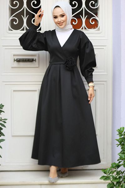 Neva Style Rochie Hijab Neagră - Cu centură, Model Nr: 61471S