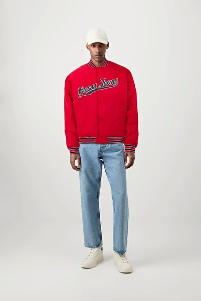 Guess Jeans Men's Logo Red Bomber Jacket with Snap Fasteners