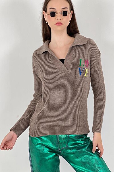 Miss Poem Women's Winter V-Neck Love Embroidered Mink Knitwear Sweater