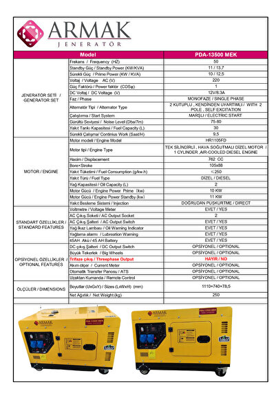 Armak PDA-13500 MEK 13,7KVA DİZEL MONOFAZE KABİNLİ PORTATİF JENERATÖR