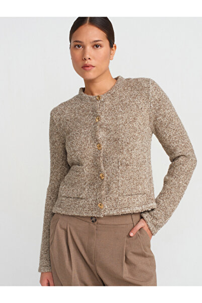 Dilvin 60923 Mink Crew Neck Knitwear Cardigan - με τσέπες και κουμπιά