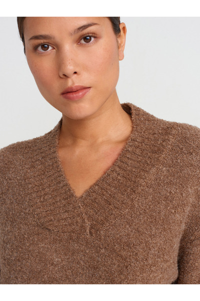 Dilvin 10661 V Yaka Buklet Triko Kazak-Vizon