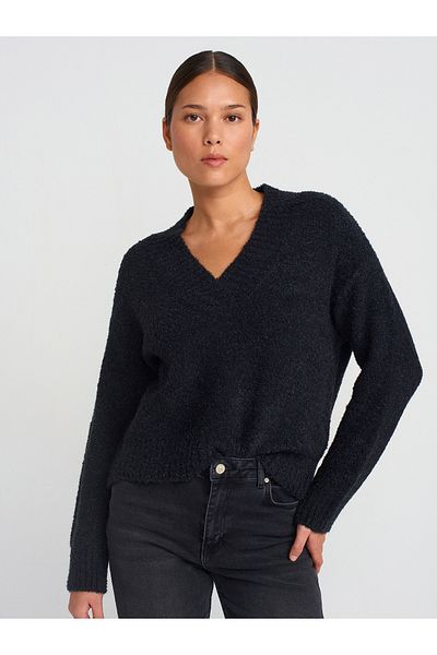 Dilvin 10661 V-Neck Boucle Knitwear Sweater-Anthracite