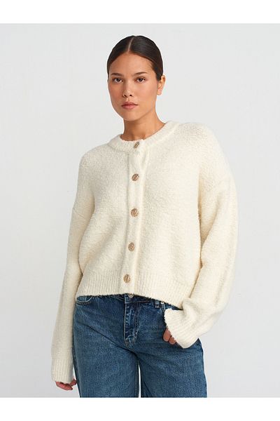 Dilvin 60276 V-Neck Buttoned Boucle Knitwear Cardigan-Ecru
